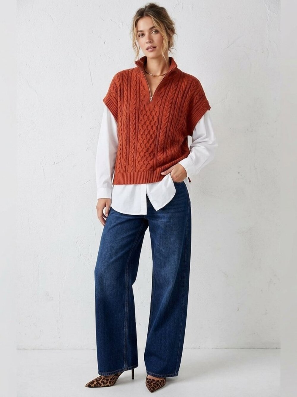 Pilcro Anthropologie Twofer Cable Knit Sweater Vest Rust White Top M